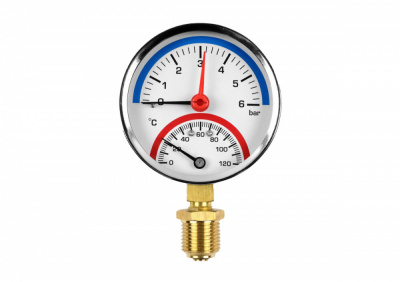 Термоманометр радиальный (ниж.подкл.) с контрольной стрелкой, 80 мм, 1/2", 4 бар, 120 °С VALFEX